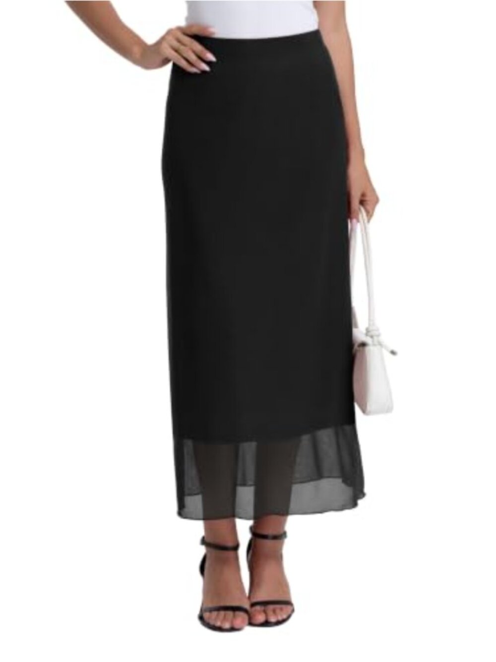 A-Line Midi Skirt High Waist Stretch Mesh Lined Business Casual